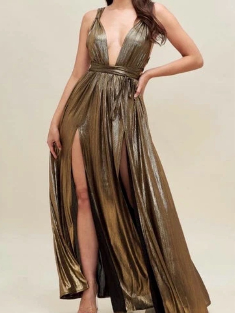 Vici Metallic Gold Plunge V-Neck Long Dress